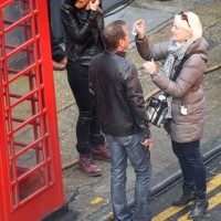 Kiefer Sutherland gets makeup applied while filming a 24: Live Another Day promotional video