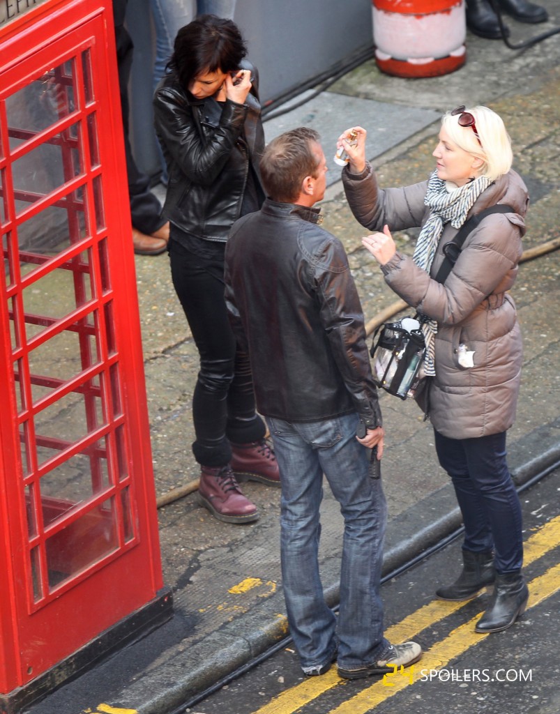 Kiefer Sutherland gets makeup applied while filming a 24: Live Another Day promotional video