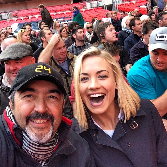 Jon Cassar and Yvonne Strahovski take a selfie while filming 24: Live Another Day in Wembley Stadium