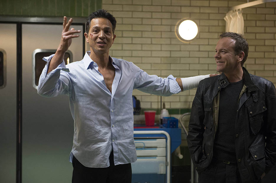 Benjamin Bratt and Kiefer Sutherland behind the scenes of 24: Live Another Day Episode 10