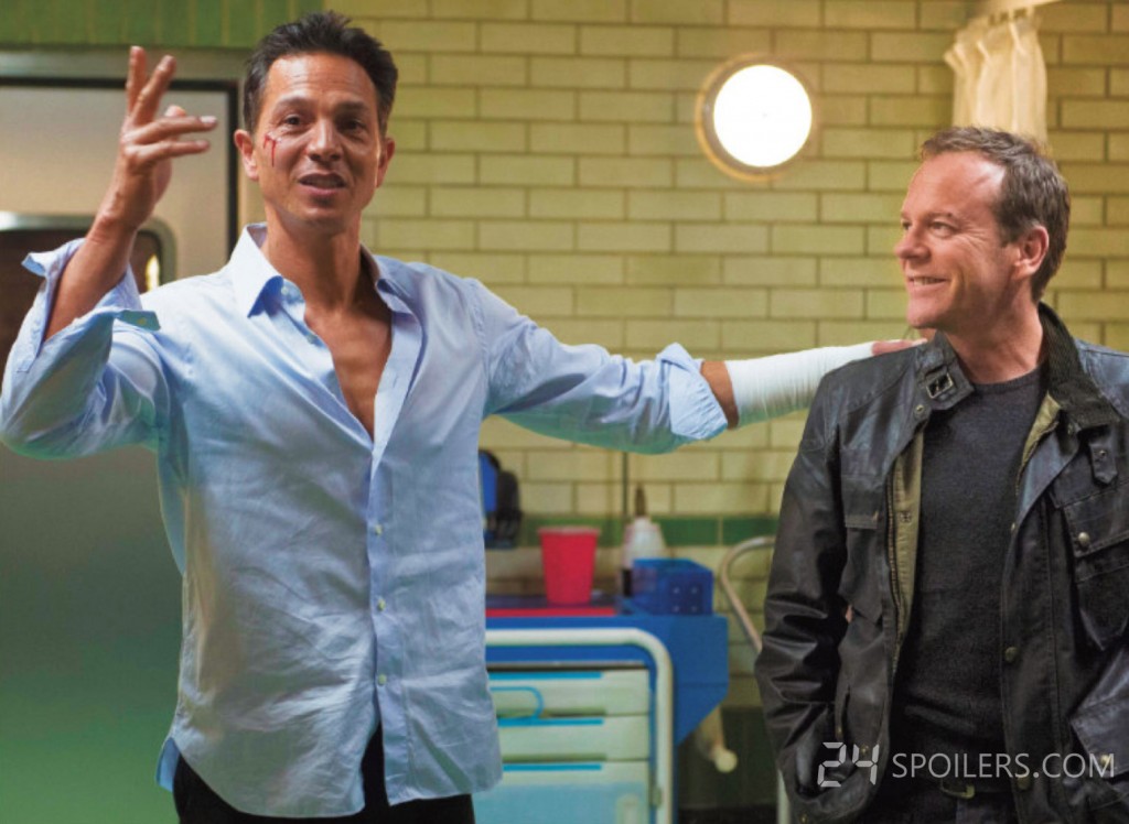 Benjamin Bratt and Kiefer Sutherland behind the scenes of 24: Live Another Day