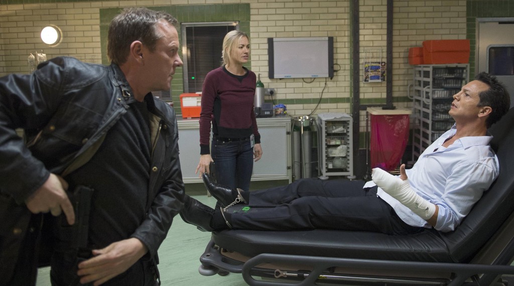 Jack Bauer (Kiefer Sutherland) and Kate Morgan (Yvonne Strahovski) question Steve Navarro (Benjamin Bratt) in 24: Live Another Day Episode 10