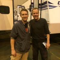 Stuntman Marcus Shakesheff poses with Kiefer Sutherland on the final day of 24: Live Another Day filming