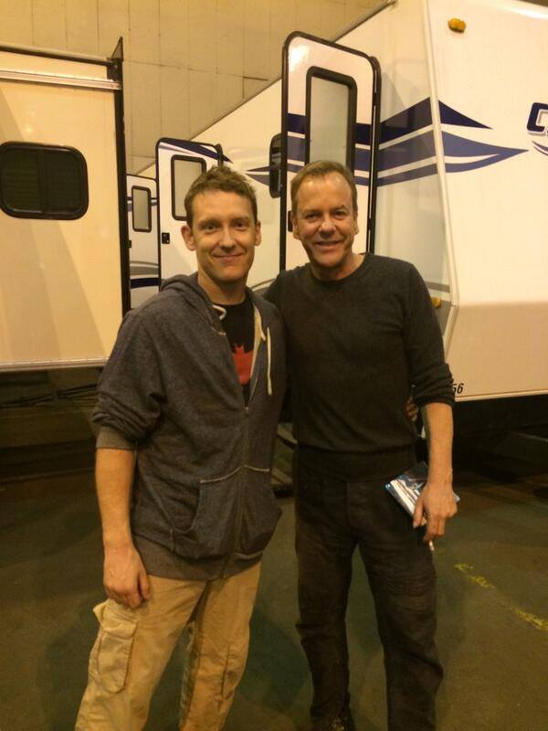 Stuntman Marcus Shakesheff poses with Kiefer Sutherland on the final day of 24: Live Another Day filming