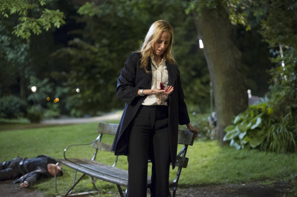 Audrey (Kim Raver) shot by Cheng's men in 24: Live Another Day Finale