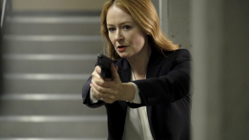 Rebecca Ingram with gun inside CTU - 24: Legacy Episode 9